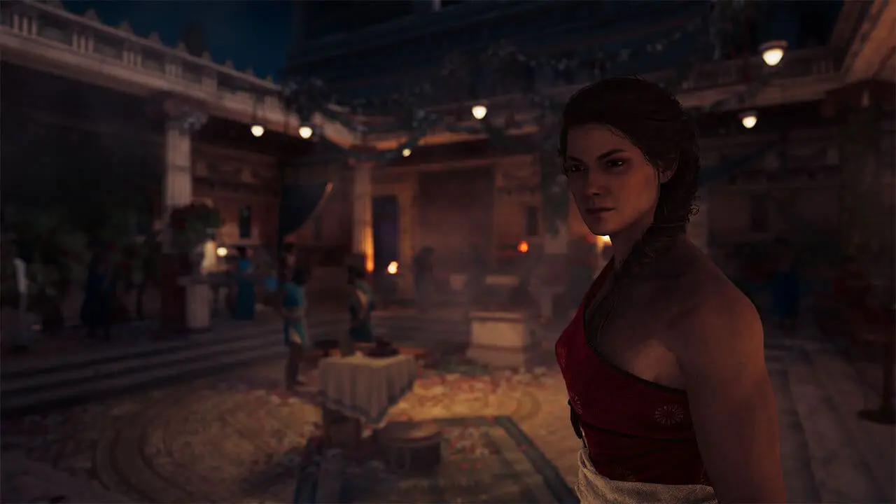 Kassandra at a temple at sunset