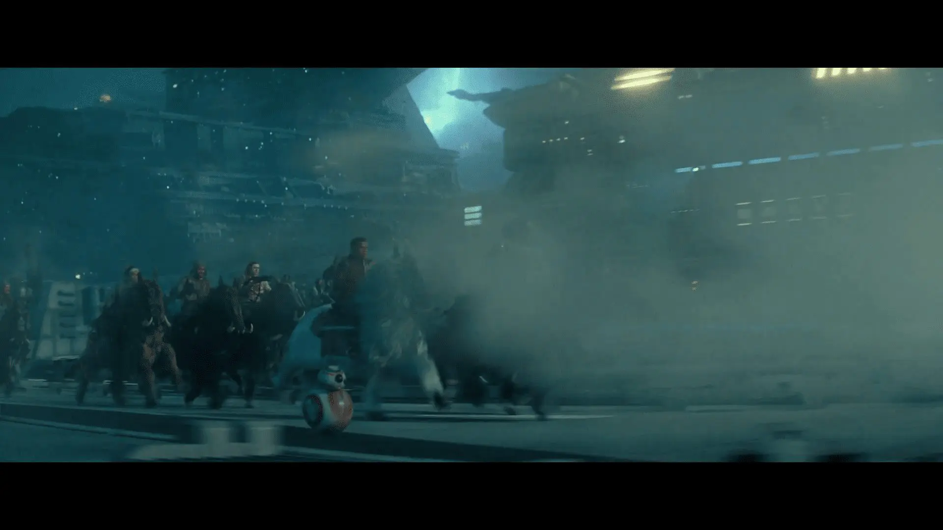 Jannah and Finn riding orbaks across a Star Destroyer