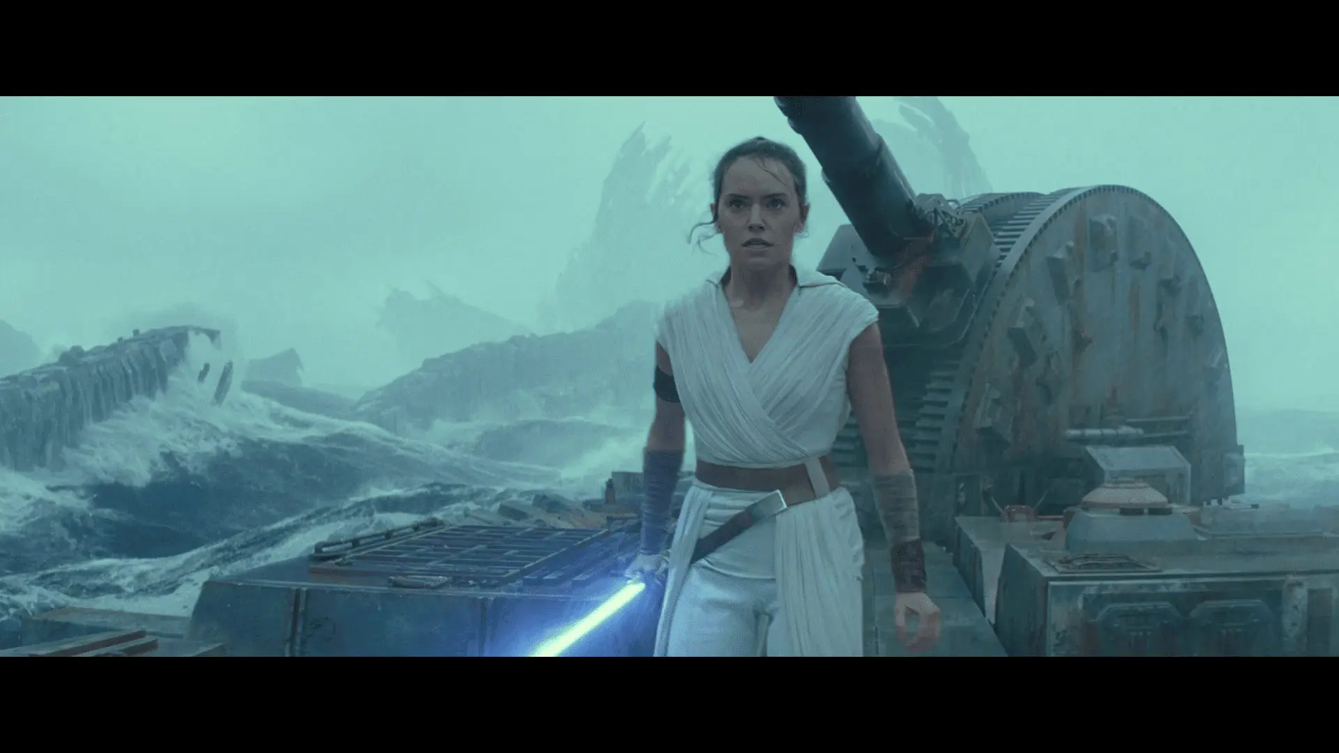 Kylo Ren approaching on rain-soaked Death Star wreckage
