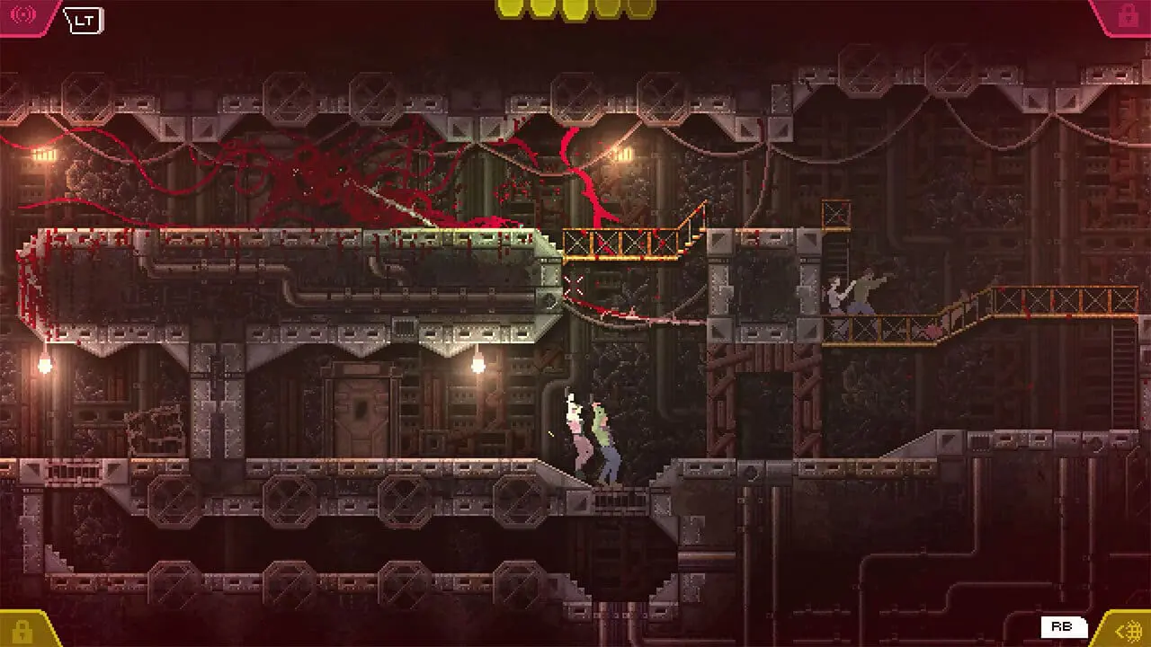 Carrion gameplay screenshot — monster attacks guards