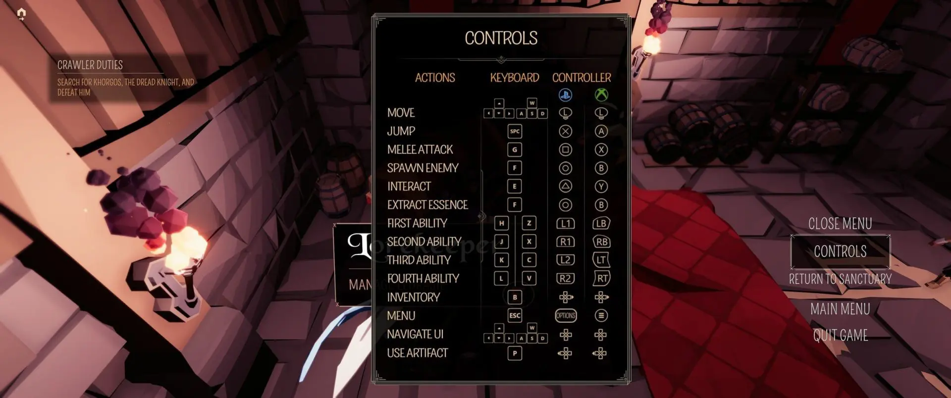 Controls screen
