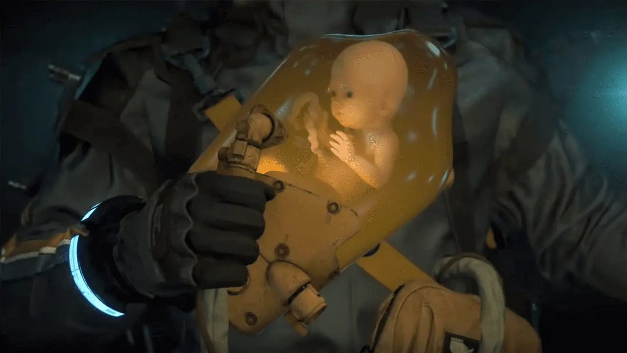 Sam carrying BB Lou toward the incinerator in Death Stranding
