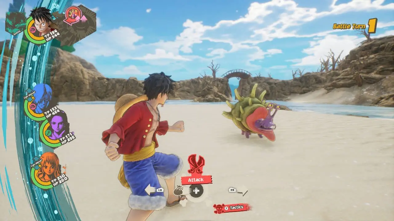 Turn-based combat screen showing the Straw Hats versus enemies