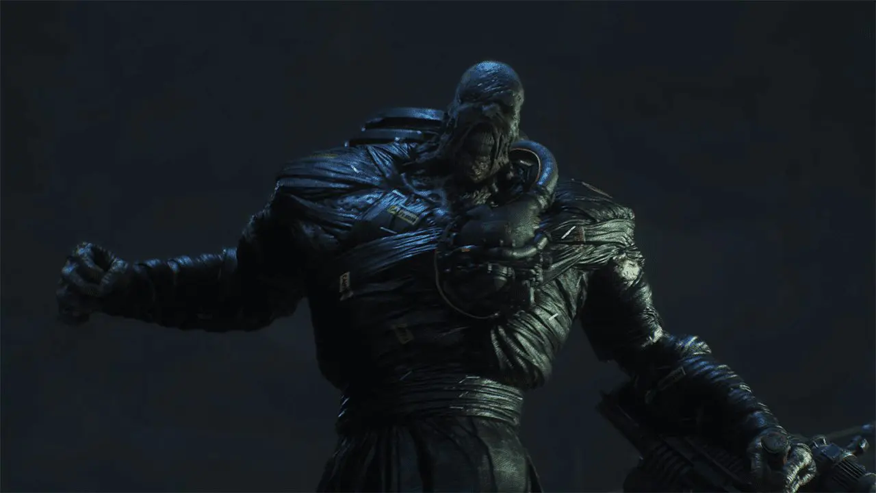 Nemesis towering over a burning street