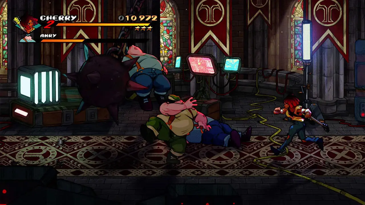 A bowling-alley stage with neon hazards and background activity