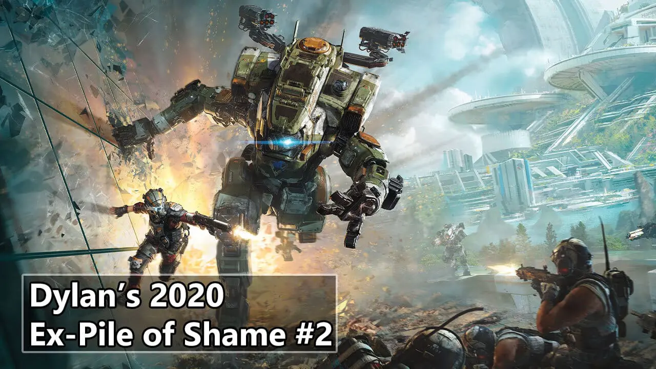 Titanfall 2 — Pilot sprinting past a towering Titan on a war-torn battlefield