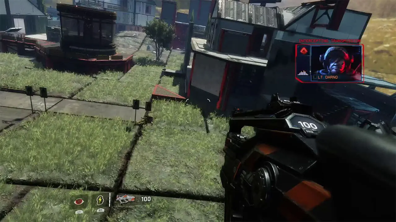 Pilot wall-running across an industrial complex above a firefight