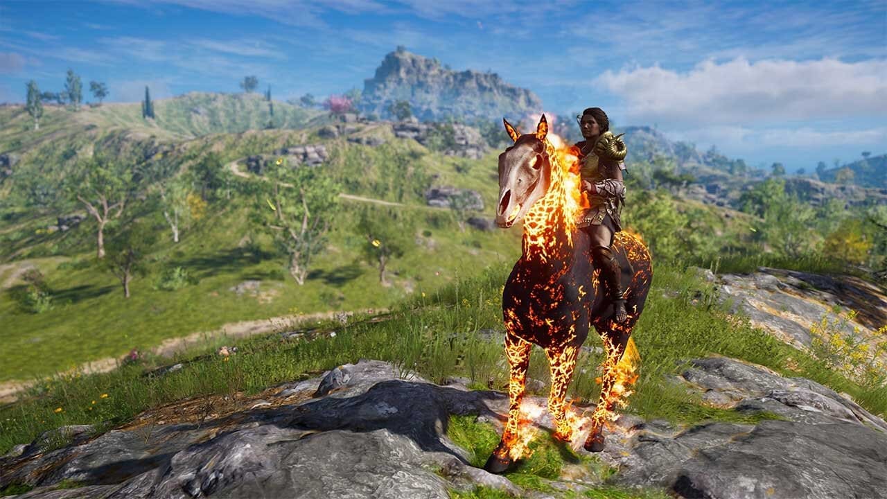 Kassandra riding a flaming horse