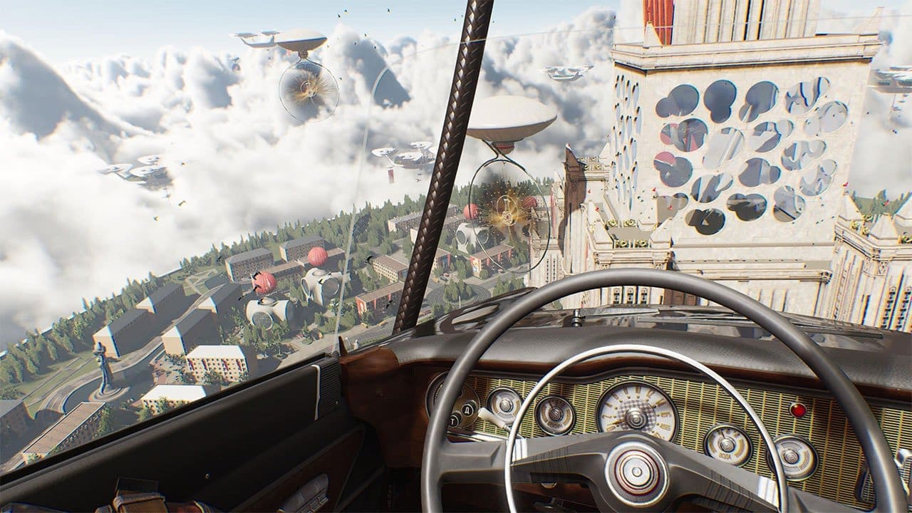 Atomic Heart screenshot — player character facing mechanized enemies