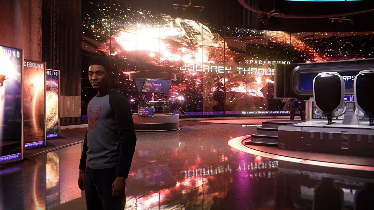 Ray-traced reflections on a glass facade during a nighttime swing