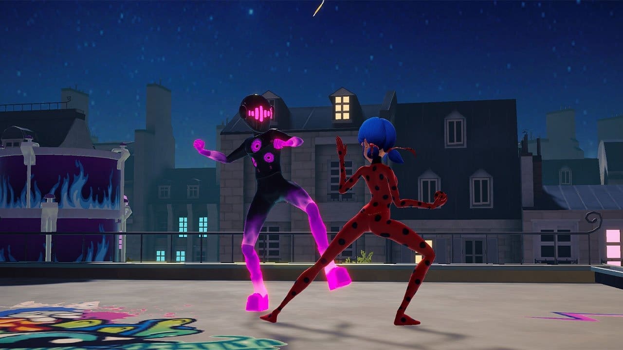 Ladybug and Cat Noir fighting goons in a themed level