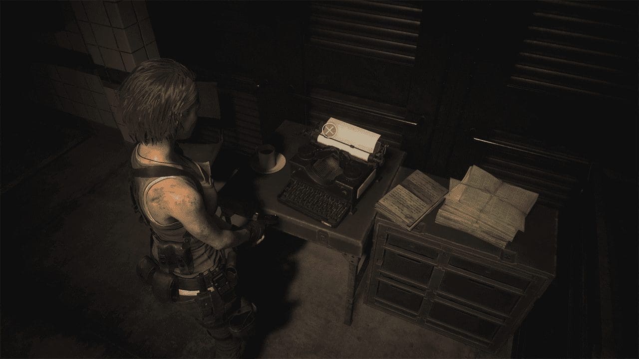 Jill Valentine journaling in her apartment