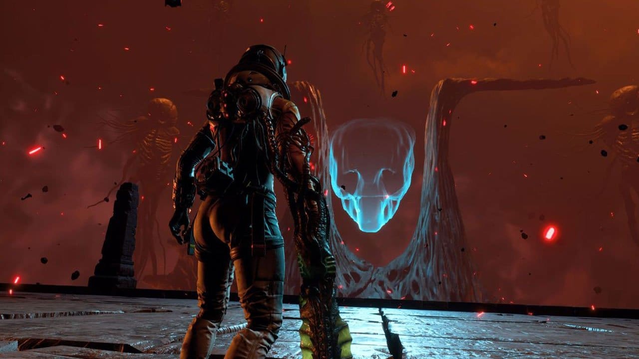 Returnal's Selene aiming into a storm of neon projectiles