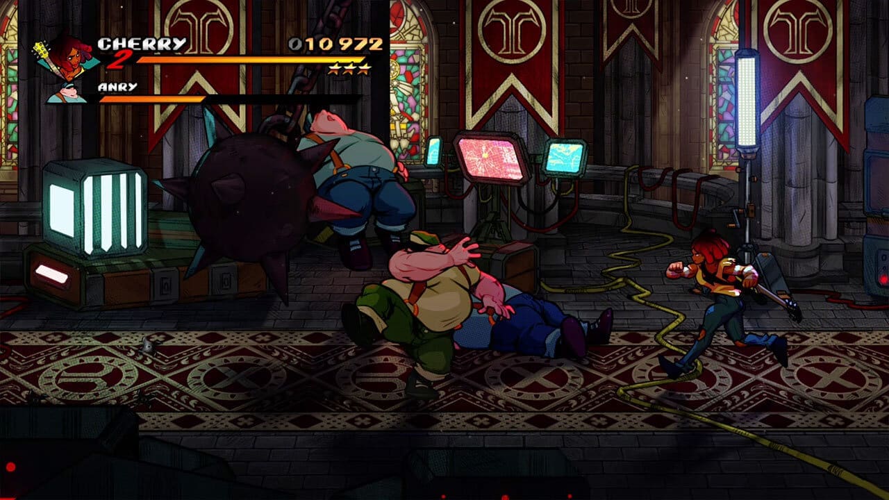 A bowling-alley stage with neon hazards and background activity