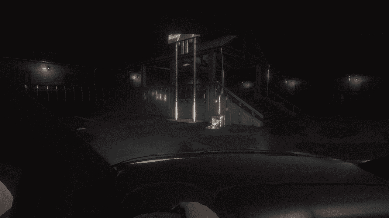 A dim motel room with light spilling from the bathroom; the air feels oppressive.