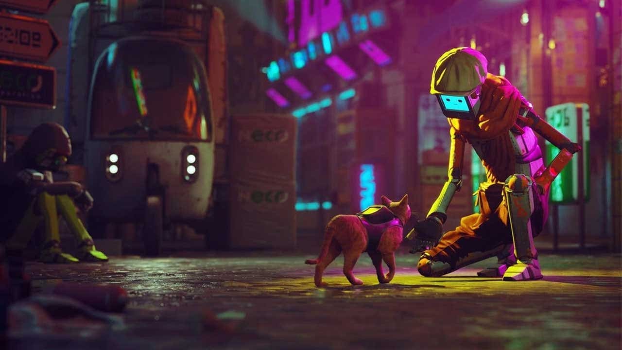 Stray — the cat prowling a neon-lit robot city