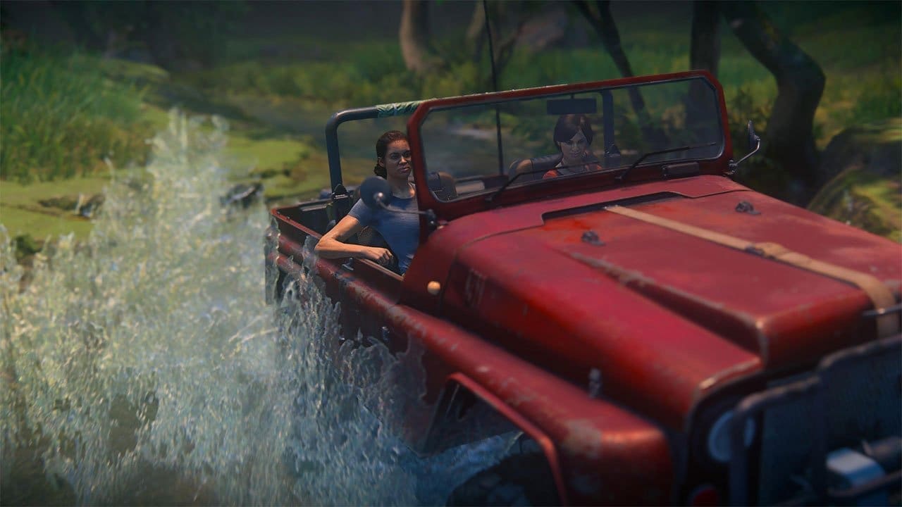 Chloe rides through dense jungle, sunlight streaming through leaves