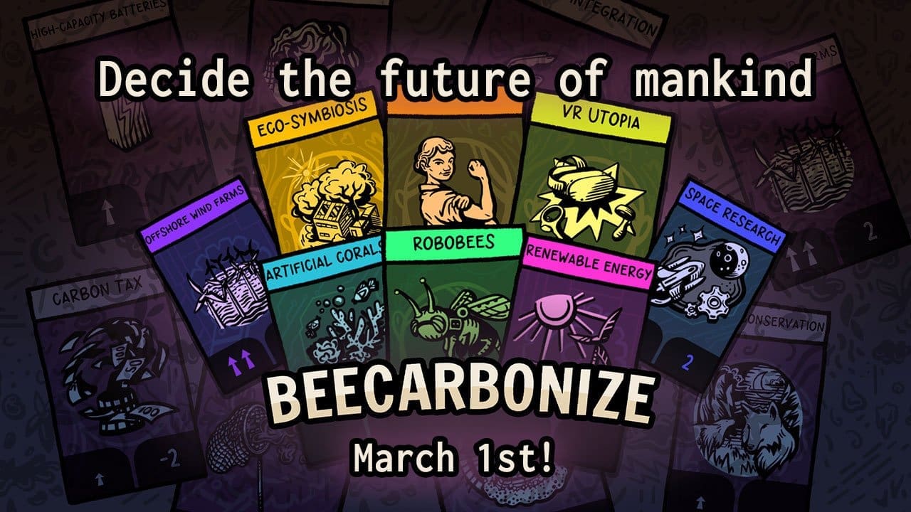 Beecarbonize is a free climate strategy card game releasing on March 1st