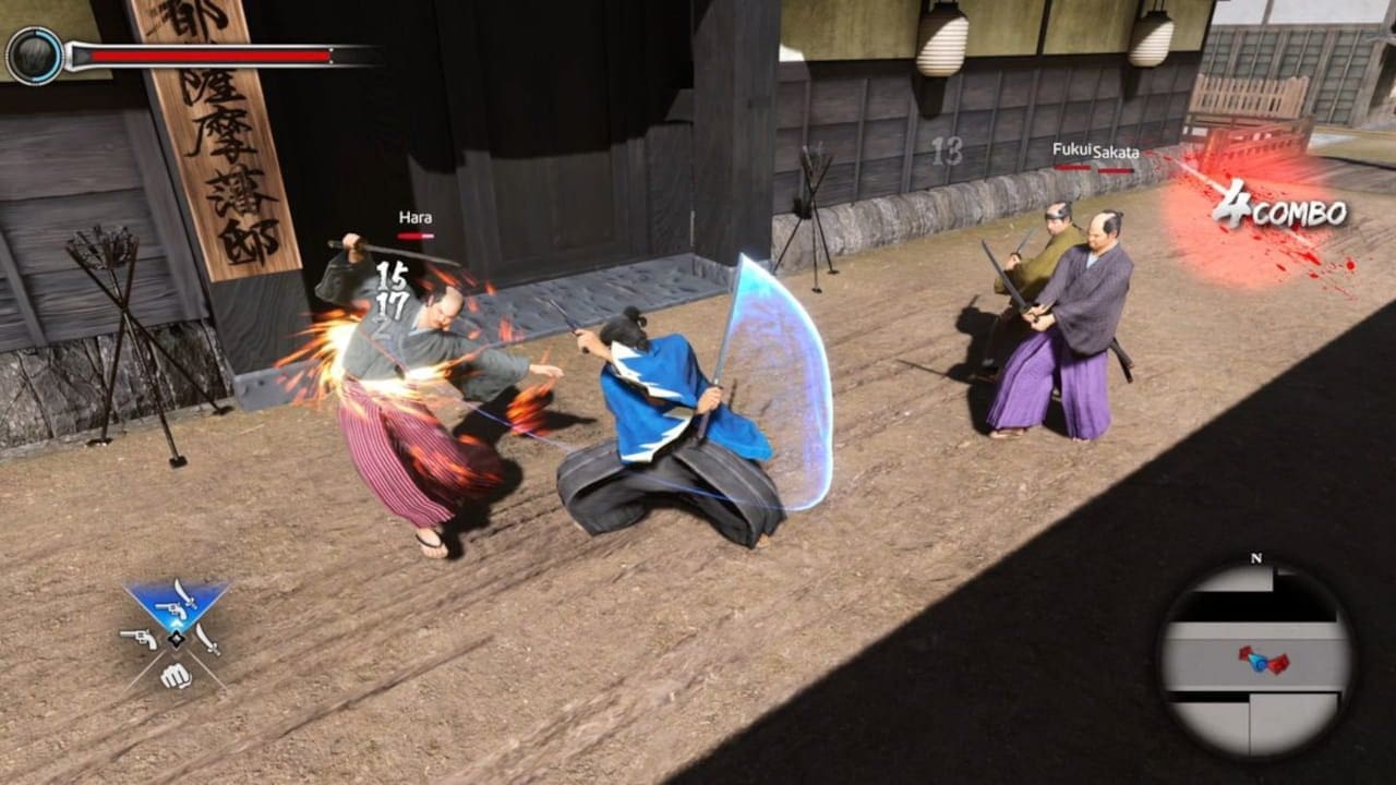 Ryōma facing enemies in the streets of Kyo