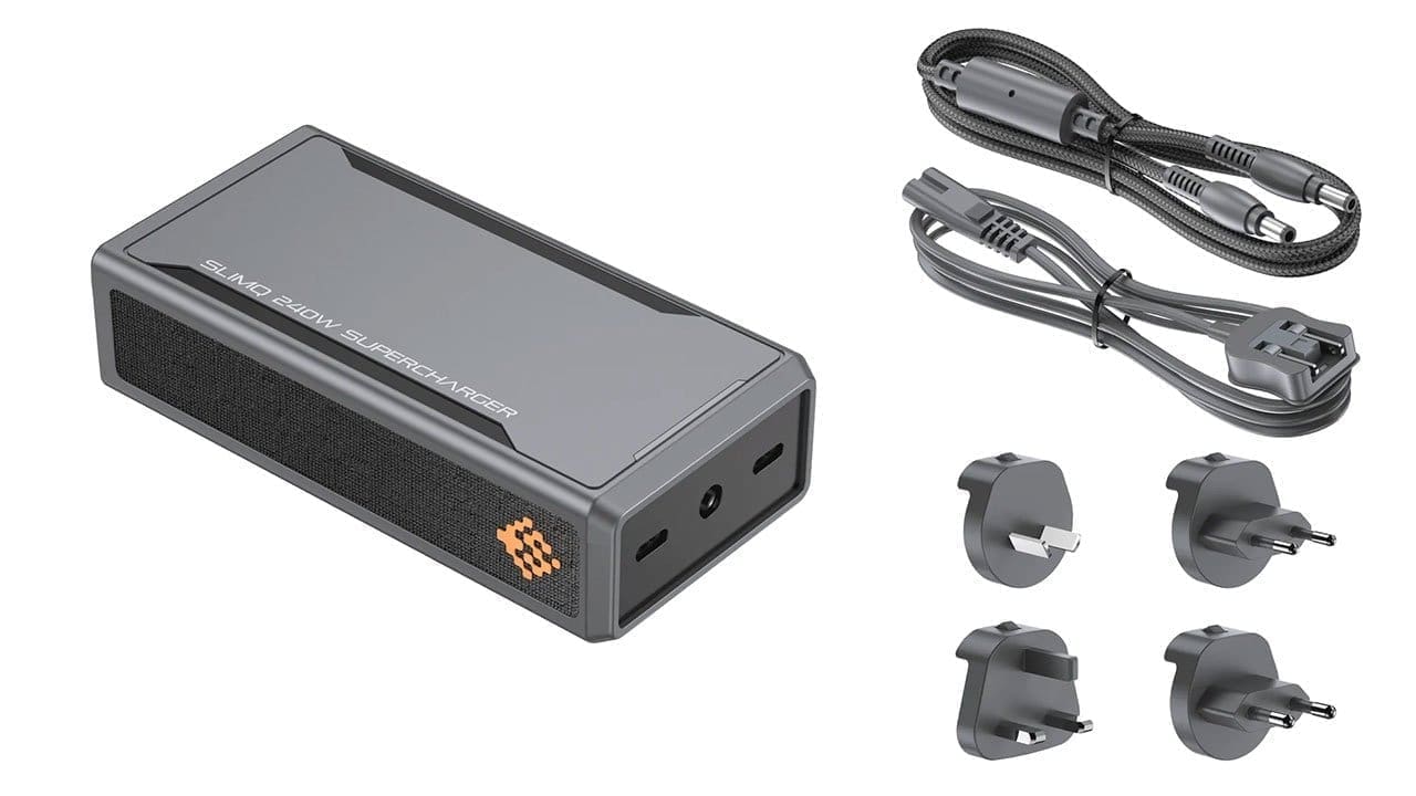 SlimQ 240W SuperCharger — compact GaN laptop and USB-C charger on desk