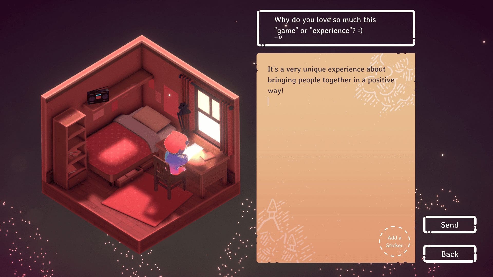 Room customisation and paper planes in Kind Words — captured by author